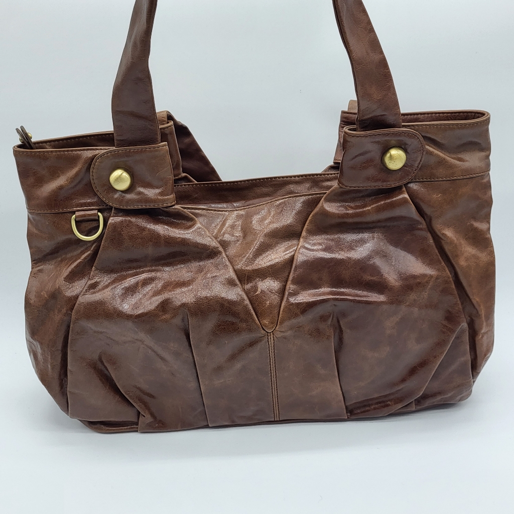 Vintage Style Brown Leather Pleated, Top Zipper Closure Large Strap Tote Handbag